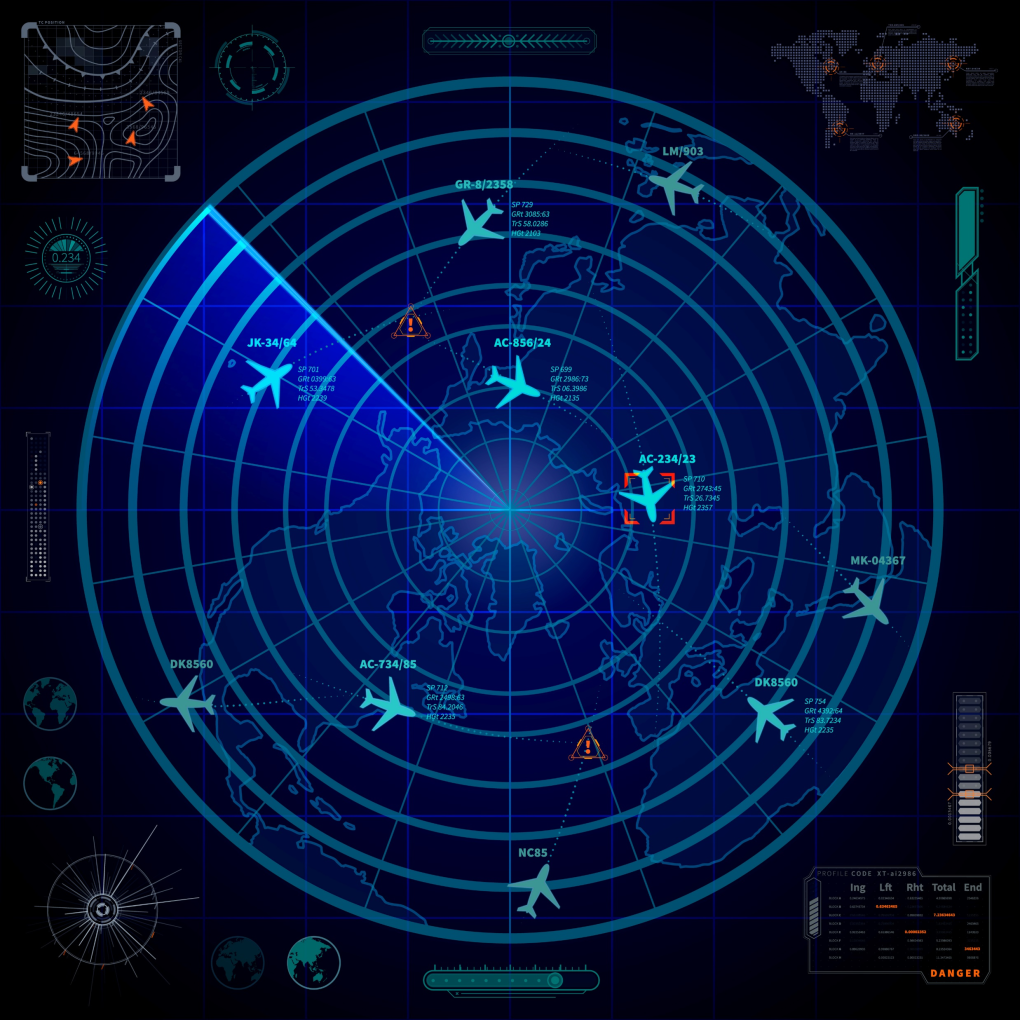 Une image d'un radar de contrôle avec des avions en vol